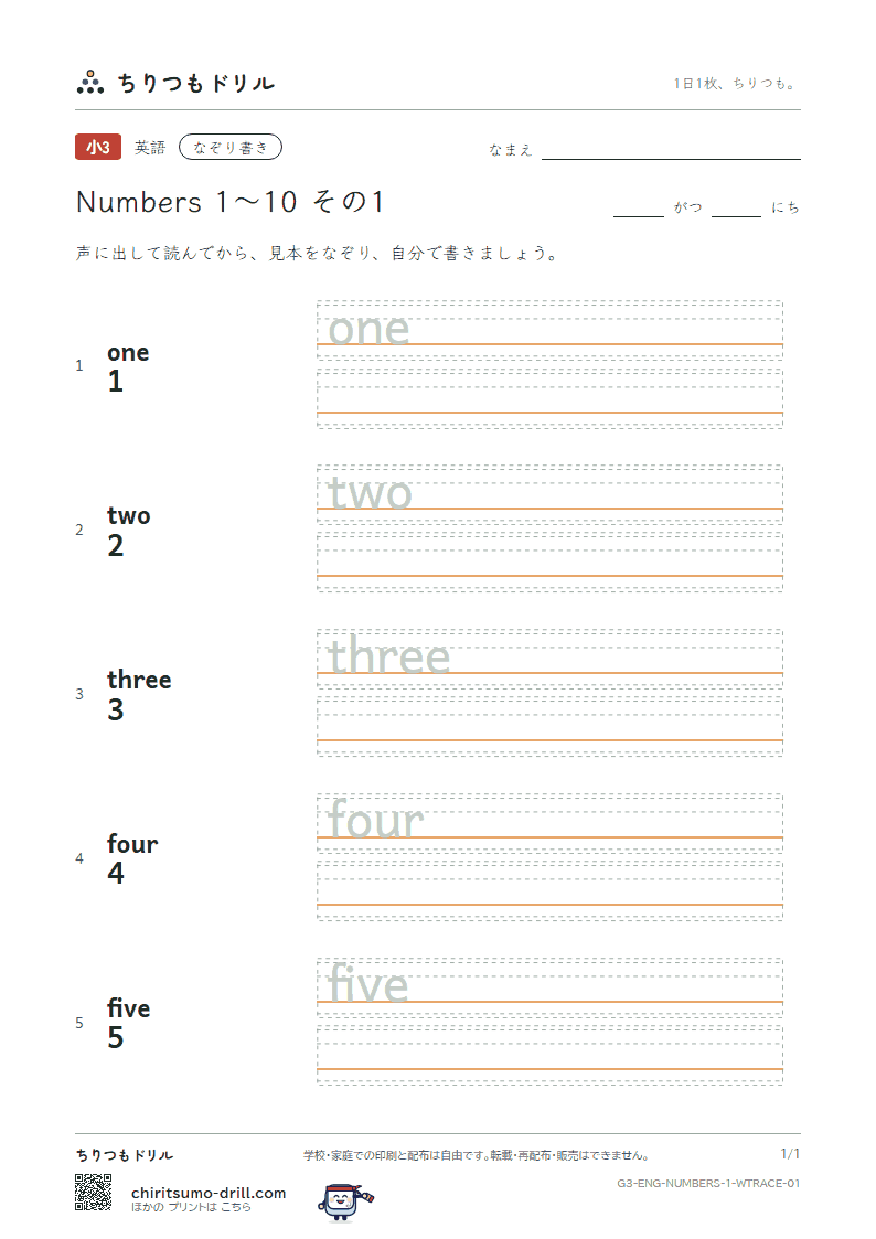 英単語 数 1〜10 なぞり書き その1(one two three four five)の見本