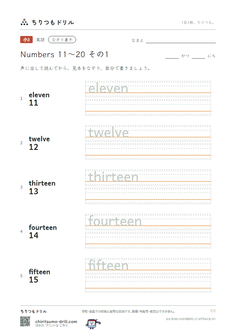 英単語 数 11〜20 なぞり書き その1(eleven twelve thirteen fourteen fifteen)の見本