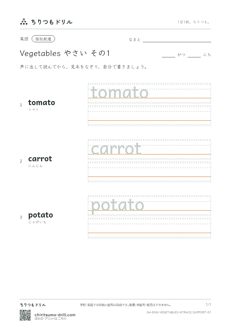 英単語 やさい なぞり書き(配慮) その1(tomato carrot potato)の見本