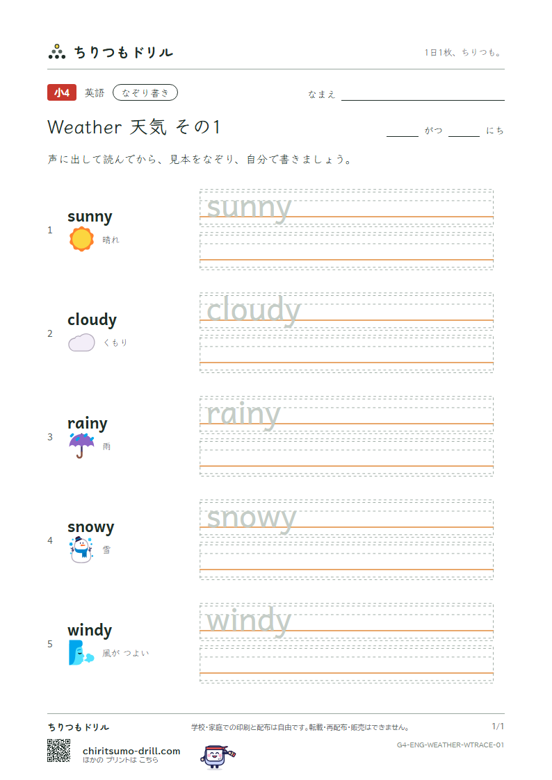 英単語 天気 なぞり書き その1(sunny cloudy rainy snowy windy)の見本