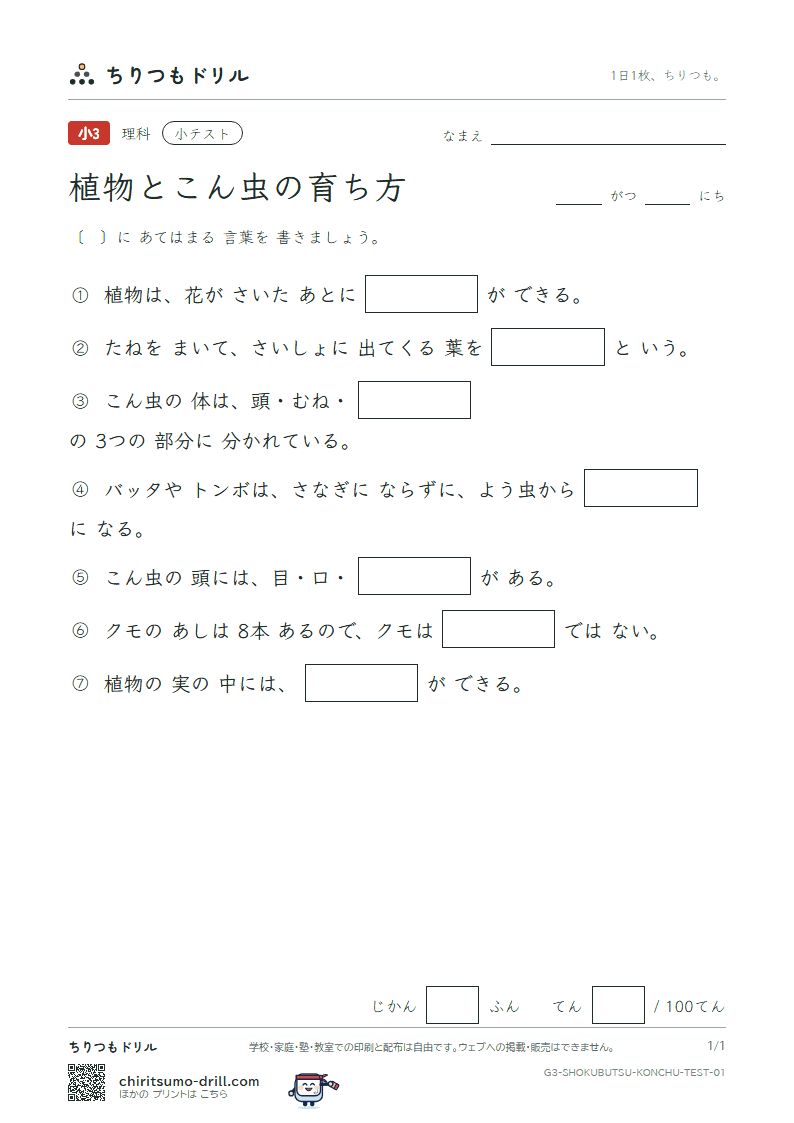 植物とこん虫の育ち方 小テスト その1の見本