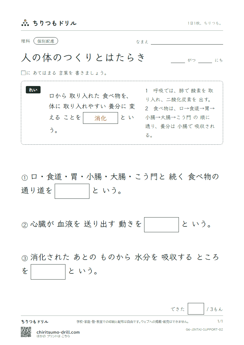 人の体のつくりとはたらき 大きな枠つき その2の見本