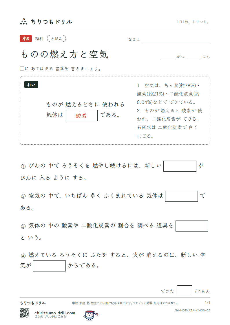 ものの燃え方と空気 きほん その2の見本