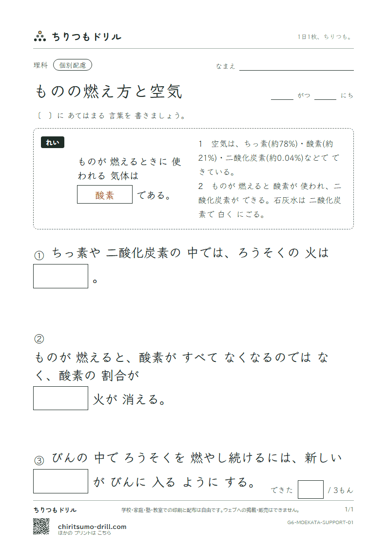 ものの燃え方と空気 大きな枠つき その1の見本