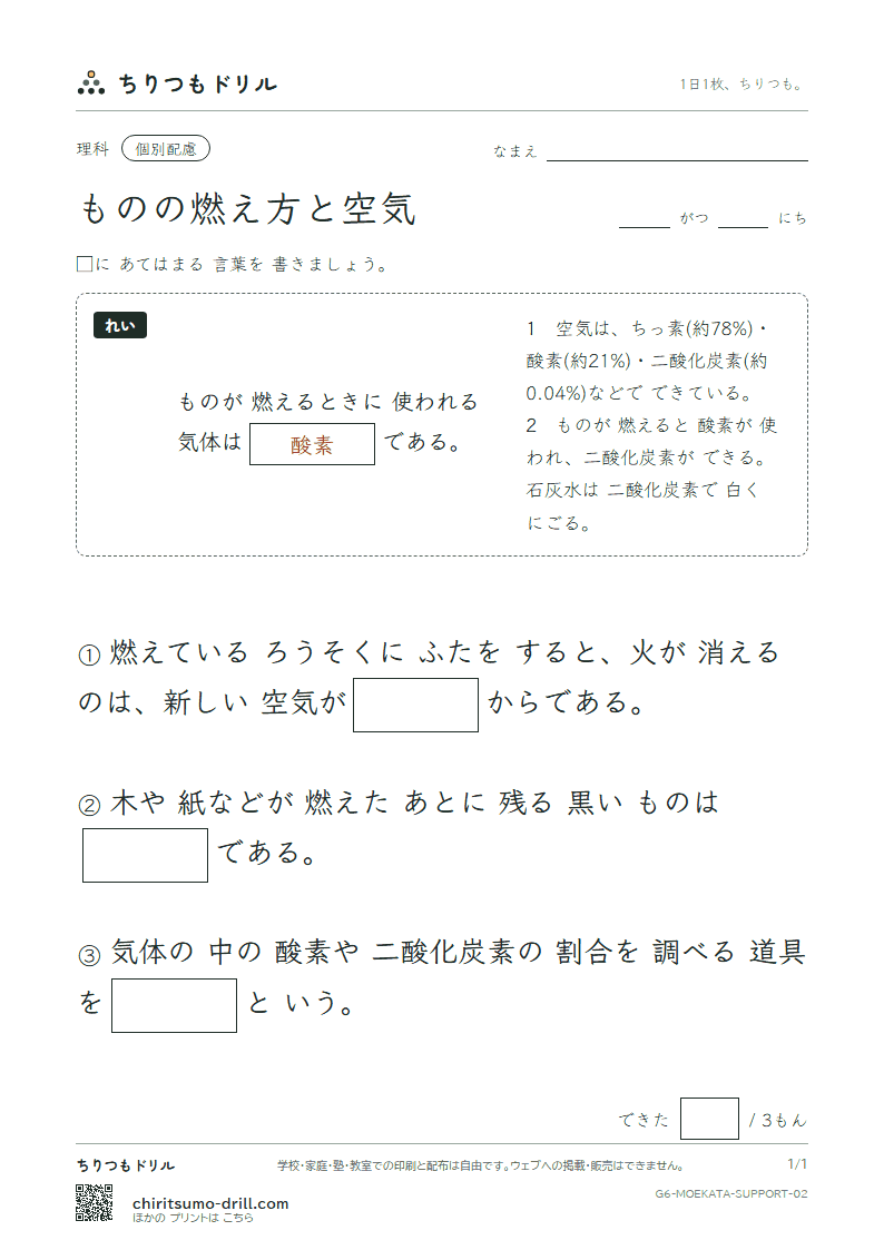 ものの燃え方と空気 大きな枠つき その2の見本