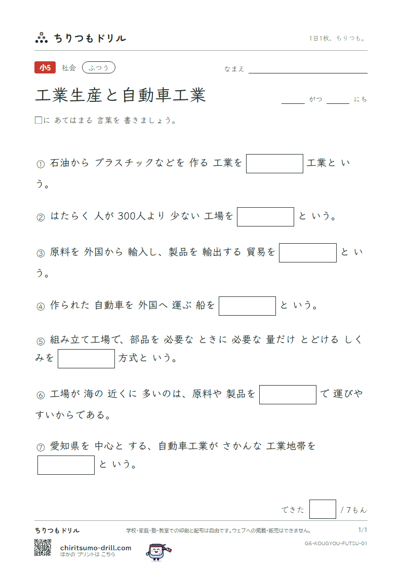 工業生産と自動車工業 ふつう その1の見本